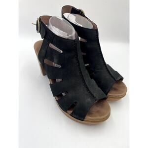 Dansko Demetra Peep Toe Heels Womens 40 10 Black Leather Chunky Sandal Shoe